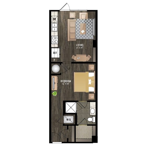 A floor plan of a small apartment with a living room, bedroom, and a wardrobe.